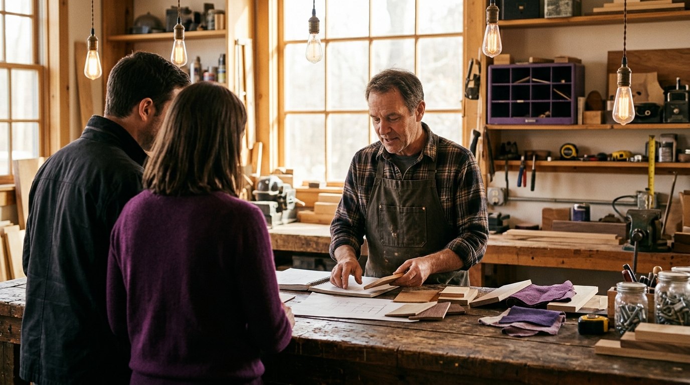Clients échangeant sur leur projet à l'atelier